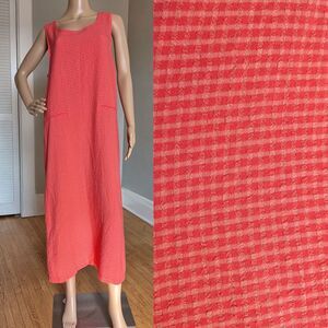 Vintage Y2K Orange/Salmon Gingham Midi Dress Cottagecore Pockets Folk Size XL